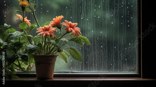 Raindrops cling to the window, and there’s a flower pot by the window.