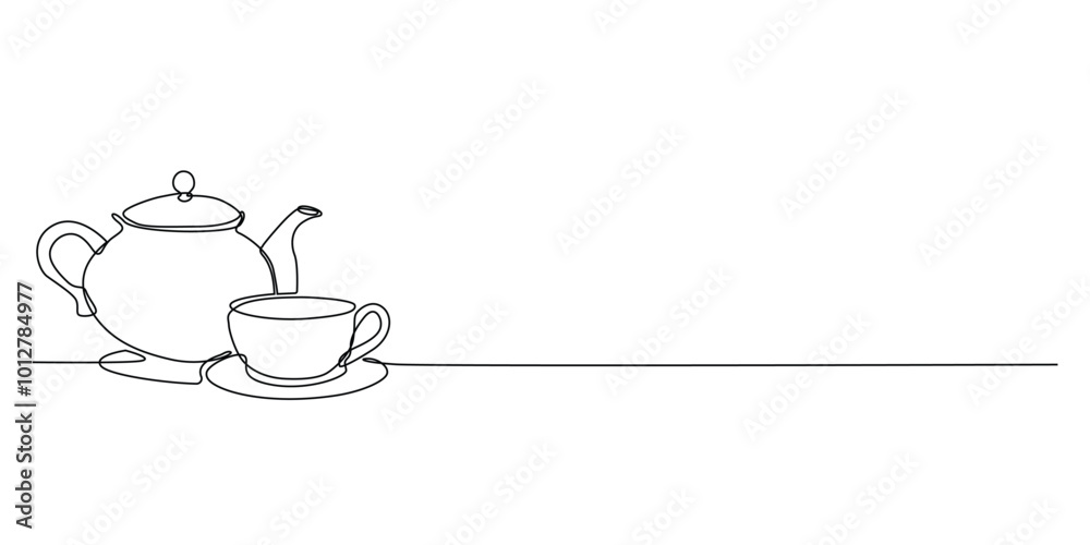 one continuous line drawing of a teapot and a cup of tea.one line drawing of a teapot.tea serving guest dishes,cafe,health tea.single line vector illustration.isolated white background one continuous line drawing of a teapot and a cup of tea.one line drawing of a teapot.tea serving guest dishes,cafe,health tea.single line vector illustration.isolated white background
