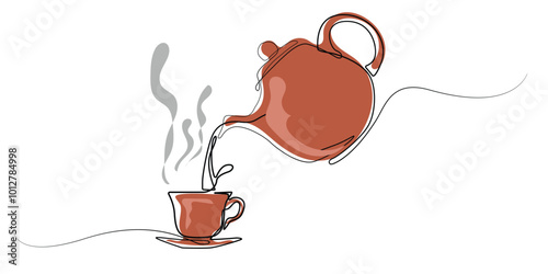 line art drawing of teapot pouring tea.vector line art of pouring tea.vector illustration of freshness of tea serving