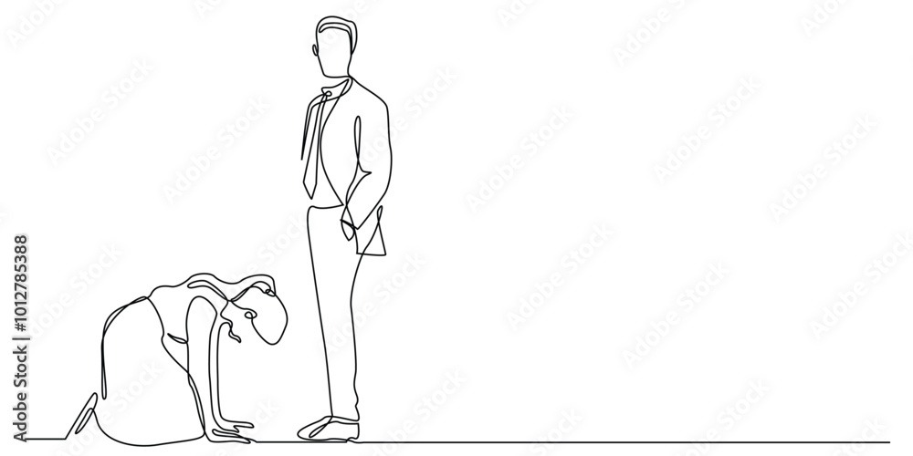 continuous one line drawing of a woman prostrating herself at a man's ...