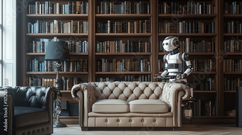 A futuristic robot observes a cozy library scene, showcasing an elegant couch and towering bookshelves filled with literature. photo