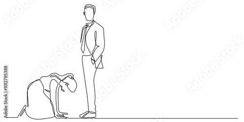 continuous one line drawing of a woman prostrating herself at a man's feet.one line drawing of a woman apologizing to a man.single line vector illustration.isolated white background