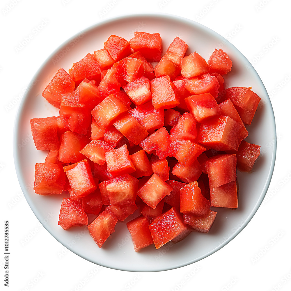 Chopped tomatoes cubes on white plate isolated on transparent background Chopped tomatoes cubes on white plate isolated on transparent background