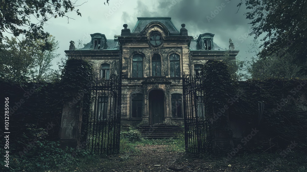 A hauntingly beautiful abandoned mansion shrouded in mystery and overgrown with nature, perfect for evoking eerie emotions. A hauntingly beautiful abandoned mansion shrouded in mystery and overgrown with nature, perfect for evoking eerie emotions.