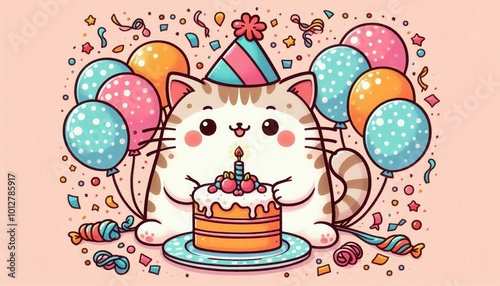 A cute cartoon cat celebrates with a birthday cake and colorful balloons, perfect for kids' parties, invitations, or festive decorations.
