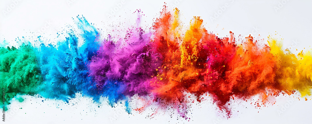 A dramatic explosion of vibrant Holi paint powder in multiple rainbow hues, isolated on a bright white background. The dynamic cloud of color leaves a wide, clean area for text. A dramatic explosion of vibrant Holi paint powder in multiple rainbow hues, isolated on a bright white background. The dynamic cloud of color leaves a wide, clean area for text.