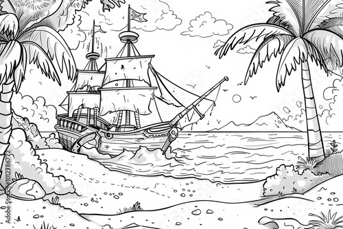 A detailed black and white illustration of a pirate ship on a beach, surrounded by palm trees and waves, inviting a sense of adventure. photo