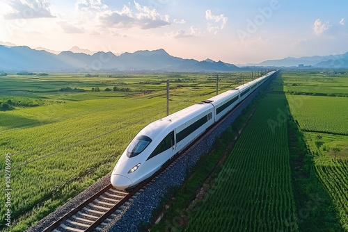 A high-speed train gracefully crossing the green spring fields of rural China, its white body and black wheels gleaming under the sun. Captured from an overhead perspective