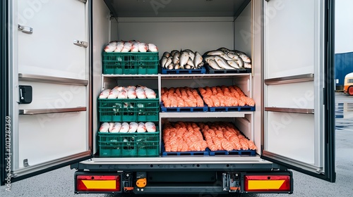 Refrigerated truck showcasing open rear doors, revealing spacious interior designed for transporting perishable goods, ideal for logistics and delivery. photo