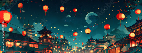 Wallpaper Mural A vibrant night scene featuring traditional Asian architecture adorned with glowing lanterns against a starry sky. Torontodigital.ca