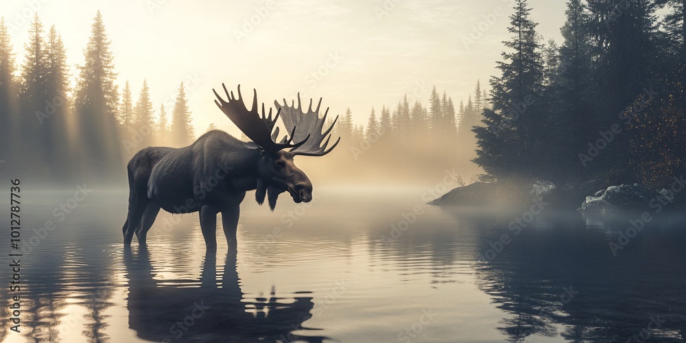 A majestic moose stands in a misty lake at sunrise, its antlers reflecting in the water. A majestic moose stands in a misty lake at sunrise, its antlers reflecting in the water.