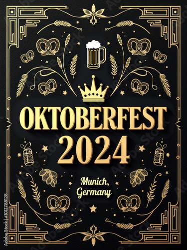 Oktoberfest 2024 Poster with Gold Ornamental Design, Beer Mugs, Pretzels, and Crown, Munich Germany Festival
 photo