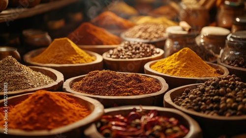 Fototapeta Naklejka Na Ścianę i Meble -  A variety of spices are displayed in wooden bowls on a table.