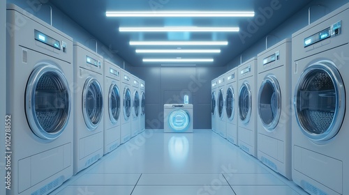 A modern laundry room featuring multiple washing machines and a bright, clean atmosphere with LED lights.