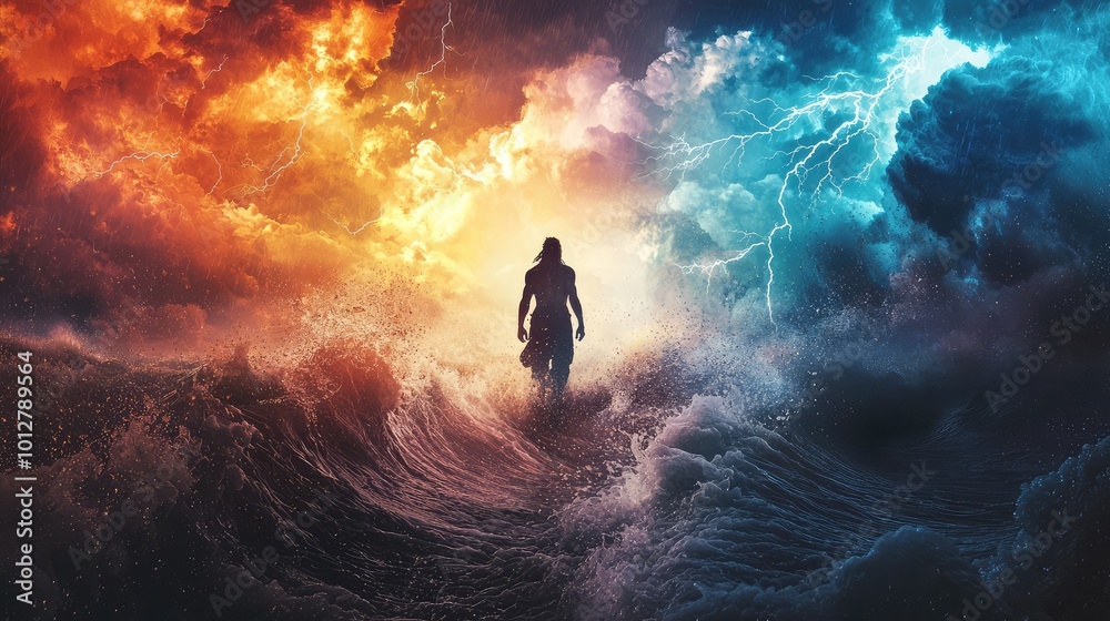 Fototapeta premium A mystical figure stands amidst turbulent waves and dramatic skies, embodying the clash of elements in a captivating scene.