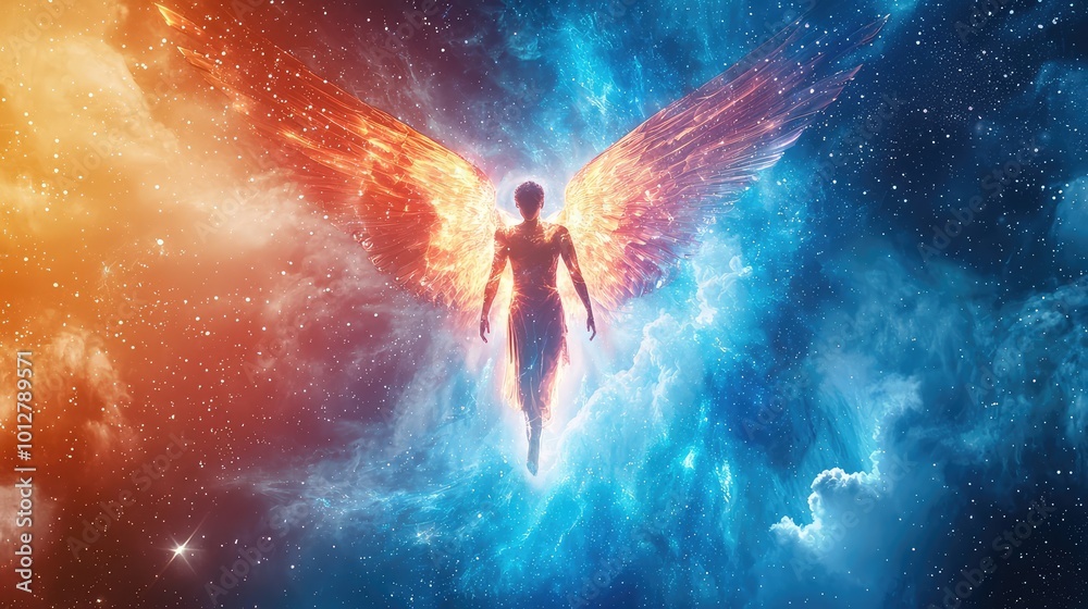 A mystical figure with vibrant wings soars through a cosmic landscape of swirling colors, embodying freedom and transformation. A mystical figure with vibrant wings soars through a cosmic landscape of swirling colors, embodying freedom and transformation.