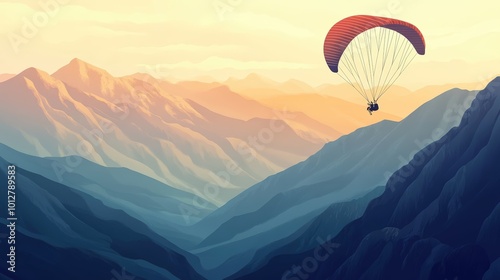 Paraglider flying over blue mountains at sunset.
