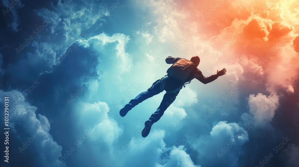 A skydiver falls through a blue and orange sky. A skydiver falls through a blue and orange sky.