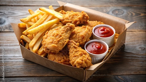 Fried chicken with potato fries and ketchup in takeout box