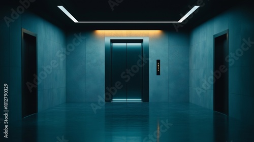 Modern Elevator in Dimly Lit Corridor