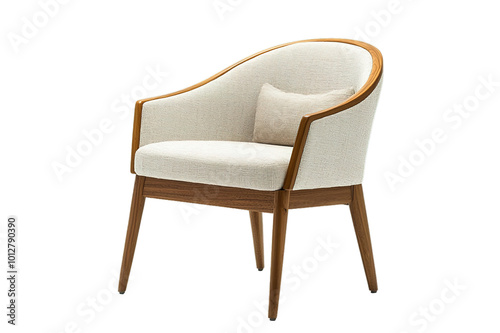 Modern beige armchair with wooden frame isolated on white