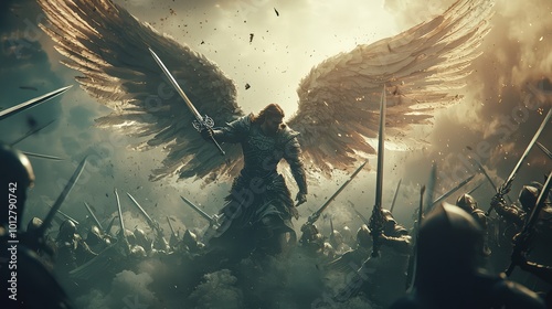 A powerful angel with majestic wings stands ready for battle amidst a fierce scene of warriors and swords, embodying strength and courage. photo