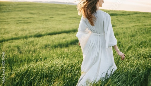 若い女性　人物　歩く　風景　草原　自然