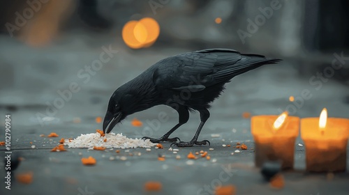 Black Raven Feeding Near Candles and Rice