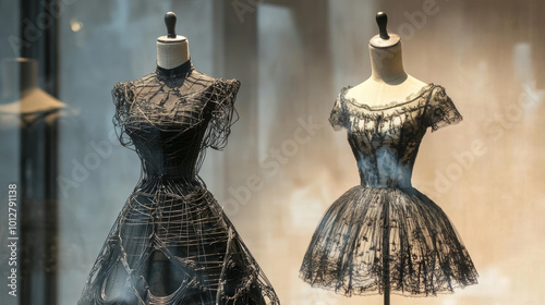 A fashionable wire dress form and an old-fashioned mannequin.