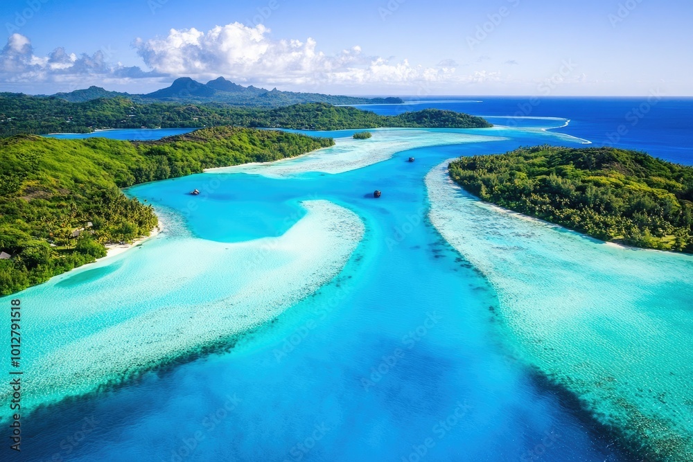 Obraz premium Aerial view of the lagoon in Bora Bora with turquoise 