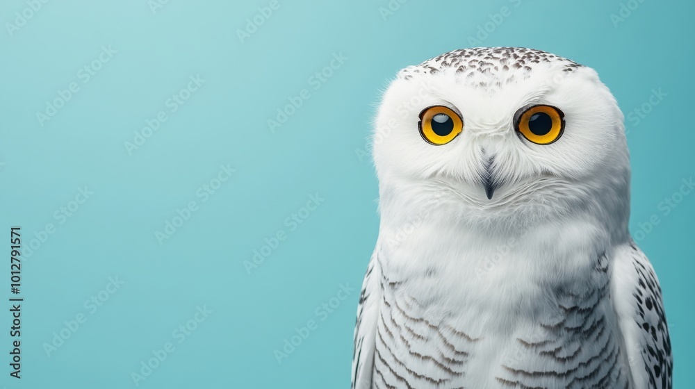 A striking snow-white owl with bright yellow eyes against a soft blue background.