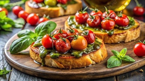 Friselle with pesto cherry tomatoes olive oil herb topping balsamic vinegar