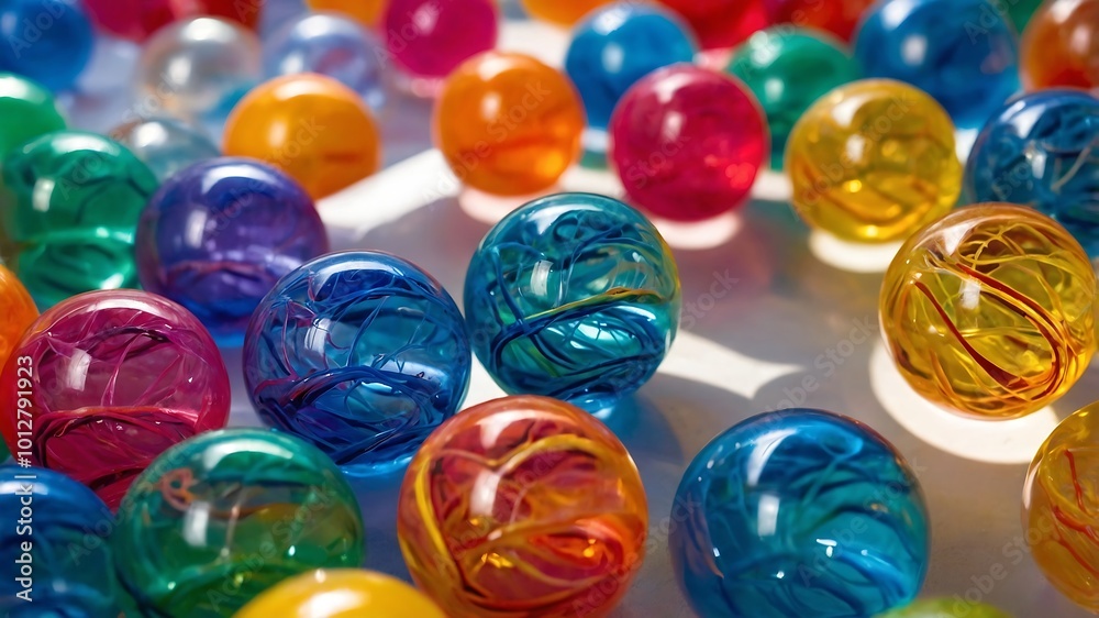 colorful marbles with beads and balls in a decorative holiday setting colorful marbles with beads and balls in a decorative holiday setting