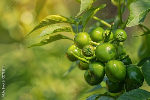 Green peppers growing on the tree in the garden.