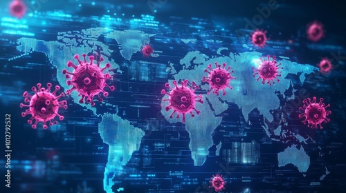 A digital world map illustrates the spread of viruses with highlighted pink virus graphics, symbolizing global health challenges.