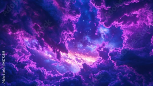 A vibrant cosmic scene filled with swirling clouds and deep purples, evoking a sense of wonder.