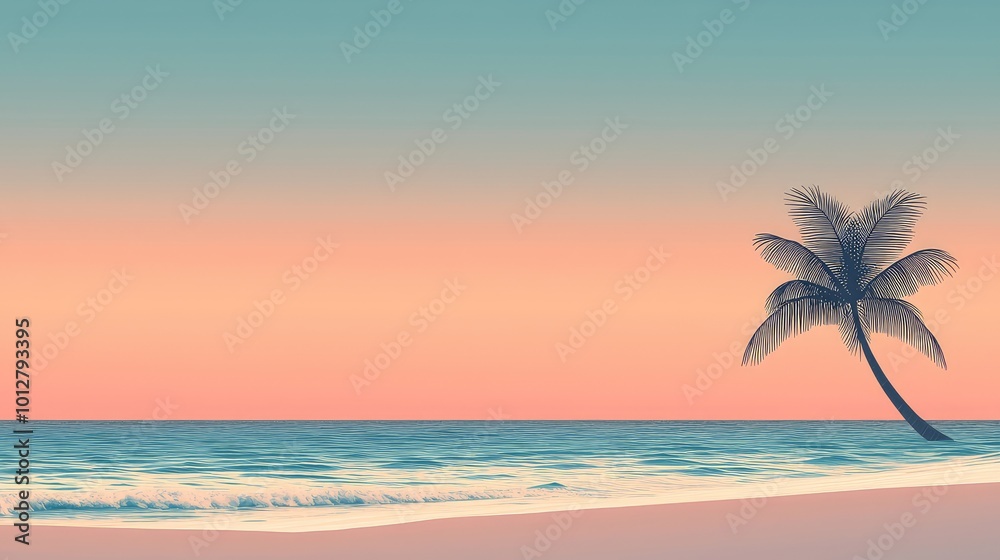 Obraz premium A serene beach scene featuring a palm tree silhouetted against a pastel sunset sky, evoking tranquility and relaxation.