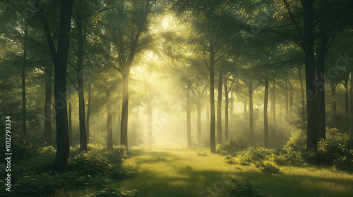 Tranquil forest scene with sunlight streaming through lush trees and vibrant greenery