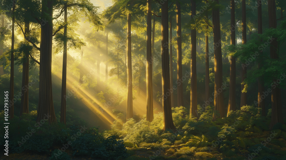 Obraz premium Sunlit forest with tall trees and lush undergrowth bathed in golden light