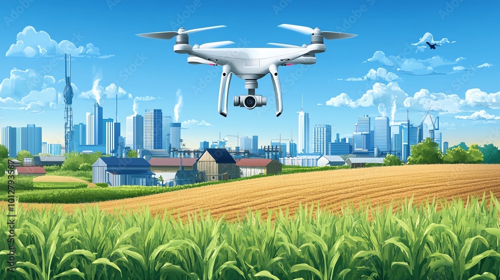 Drone flying over a landscape and city skyline. Drone flying over a landscape and city skyline.