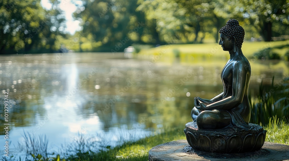 A serene bronze Buddha statue beside a tranquil pond, surrounded by lush greenery, perfect for relaxation and meditation themes. A serene bronze Buddha statue beside a tranquil pond, surrounded by lush greenery, perfect for relaxation and meditation themes.