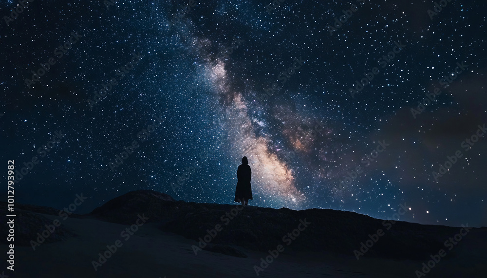 Fototapeta premium Photograph people in the wilderness at night with the Milky Way or stars above them, focusing on the contrast between the vast sky and human presence
