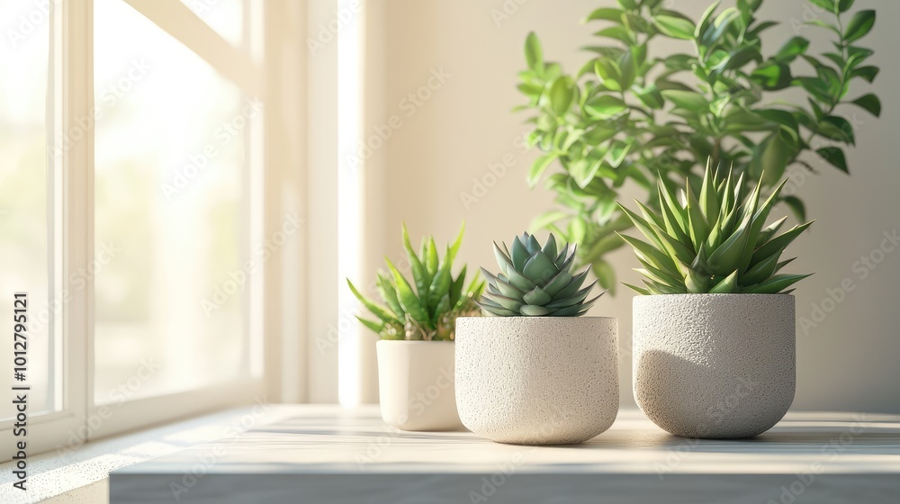 Obraz premium A serene indoor scene featuring various potted plants basking in natural light by a window, perfect for a calming atmosphere.