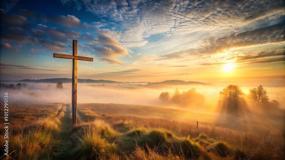A Wooden Cross Stands Tall Against a Backdrop of Misty Fields and a Golden Sunrise A Wooden Cross Stands Tall Against a Backdrop of Misty Fields and a Golden Sunrise