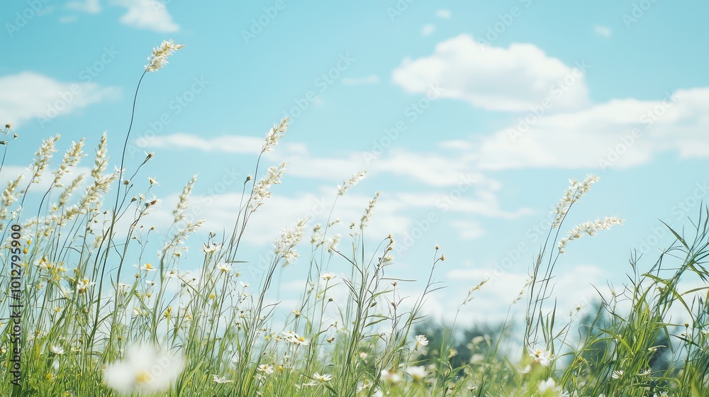 A serene landscape showcasing tall grass and delicate flowers under a bright blue sky with fluffy clouds, perfect for nature themes. A serene landscape showcasing tall grass and delicate flowers under a bright blue sky with fluffy clouds, perfect for nature themes.