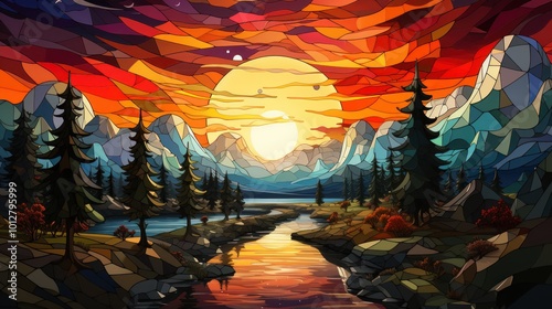 Stained Glass Sunset Landscape
