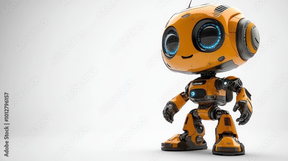 A cheerful orange robot with large eyes and a friendly demeanor. A cheerful orange robot with large eyes and a friendly demeanor.