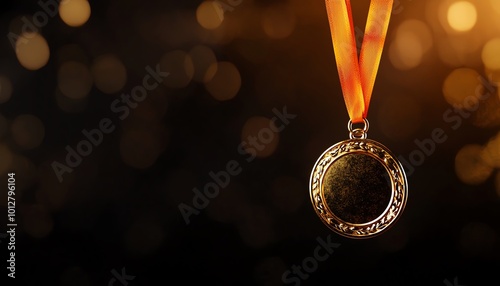 Gold medal with orange ribbon, isolated on a dark bokeh background. photo