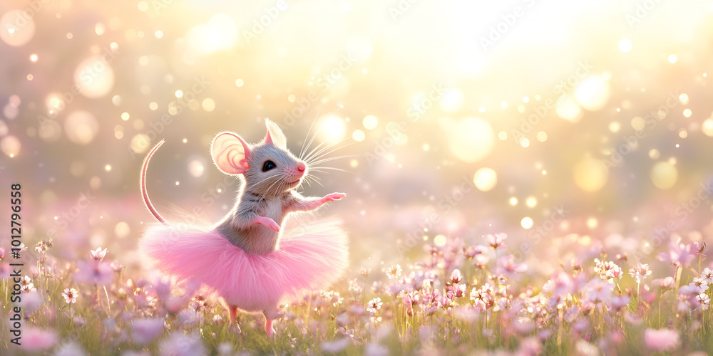 Obraz premium Joyful Mouse in Tutu Dancing in a Field of Flowers