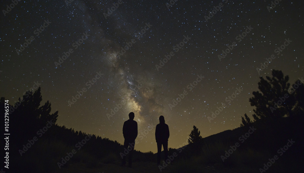 Fototapeta premium Photograph people in the wilderness at night with the Milky Way or stars above them, focusing on the contrast between the vast sky and human presence